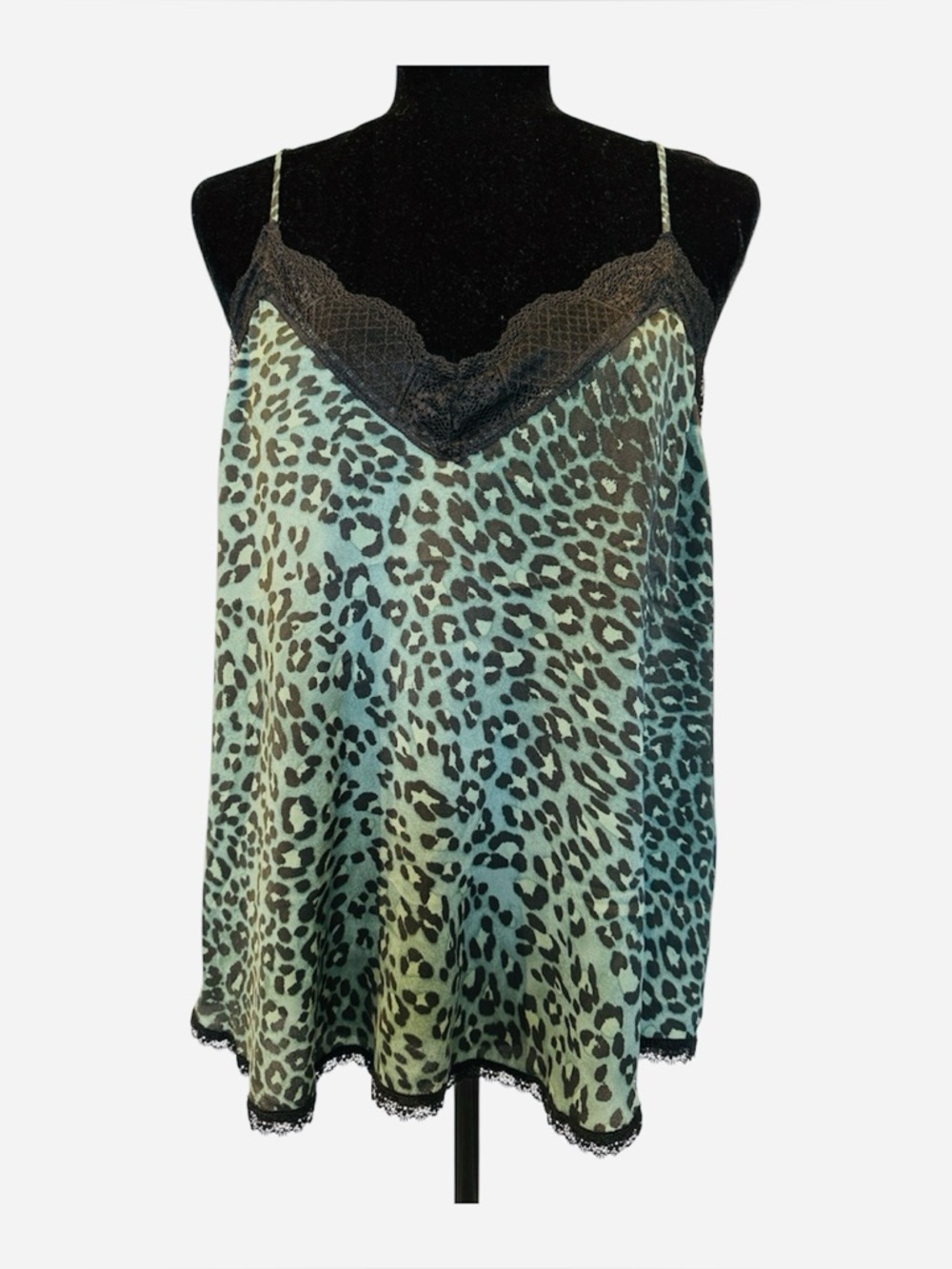 Elan Green and Black Leopard Lace-Trim Cami